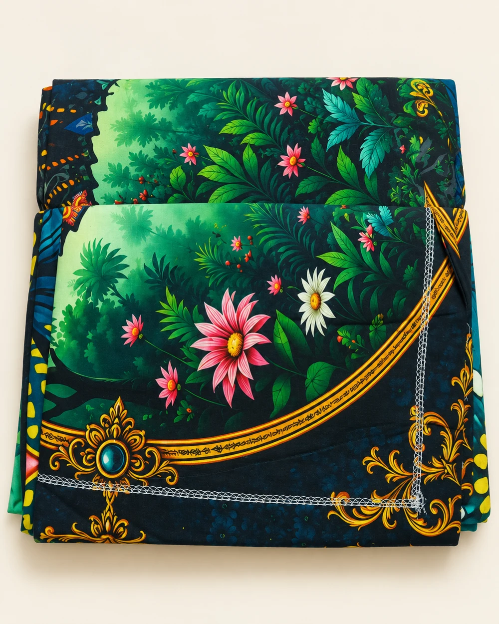 Emerald Garden printed bedsheet, folded to show its design