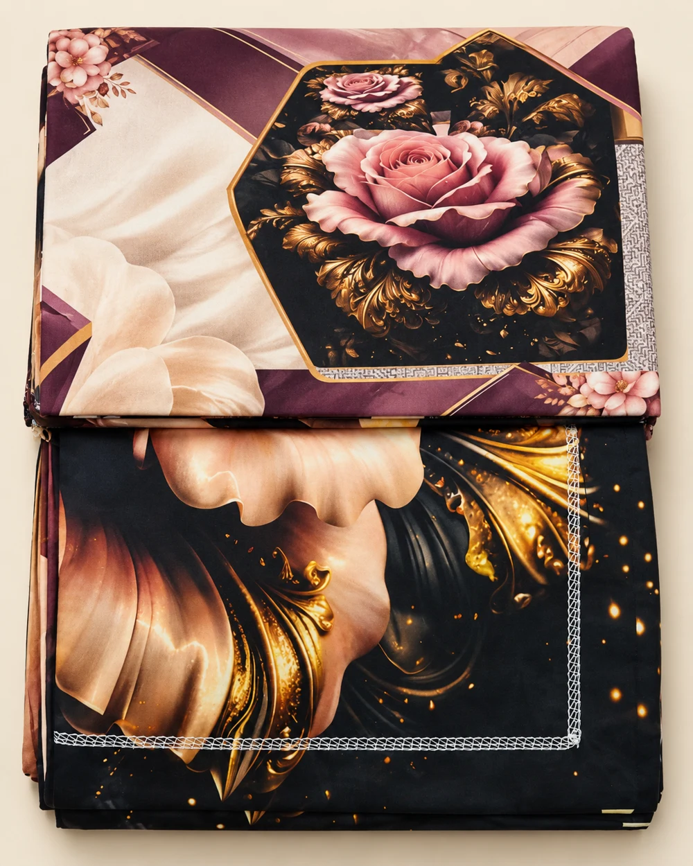 Rose Royale printed bedsheet, folded to show its design